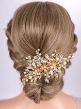 Gold Flower Hair Clip for Wedding Brides Bridesmaid Pearl Side Headpiece for ...