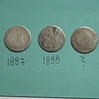 Three Seated Liberty Dimes 1887 1888 10C Silver Coins Circulated Uncertified Lot