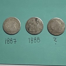 Three Seated Liberty Dimes 1887 1888 10C Silver Coins Circulated Uncertified Lot