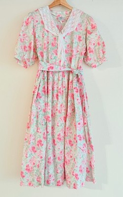 Vintage Laura Ashley Ireland 100% Cotton Rose Floral Lace Collar Dress USA 14