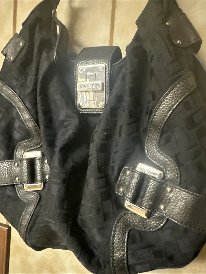 Guess Women’s Purse, Black Leather Canvas Strappy Hobo Shoulder 90’s Retro Y2K - Image 3 of 4