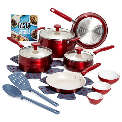 Tasty 16pc Pots and Pans Set Red Ceramic Nonstick Cookware Dishwasher Safe Stack