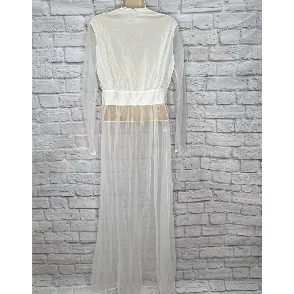 Vintage Nancy King Sheer Nylon Peignoir Robe White Bridal Size M New Satin Lace - Image 2 of 4