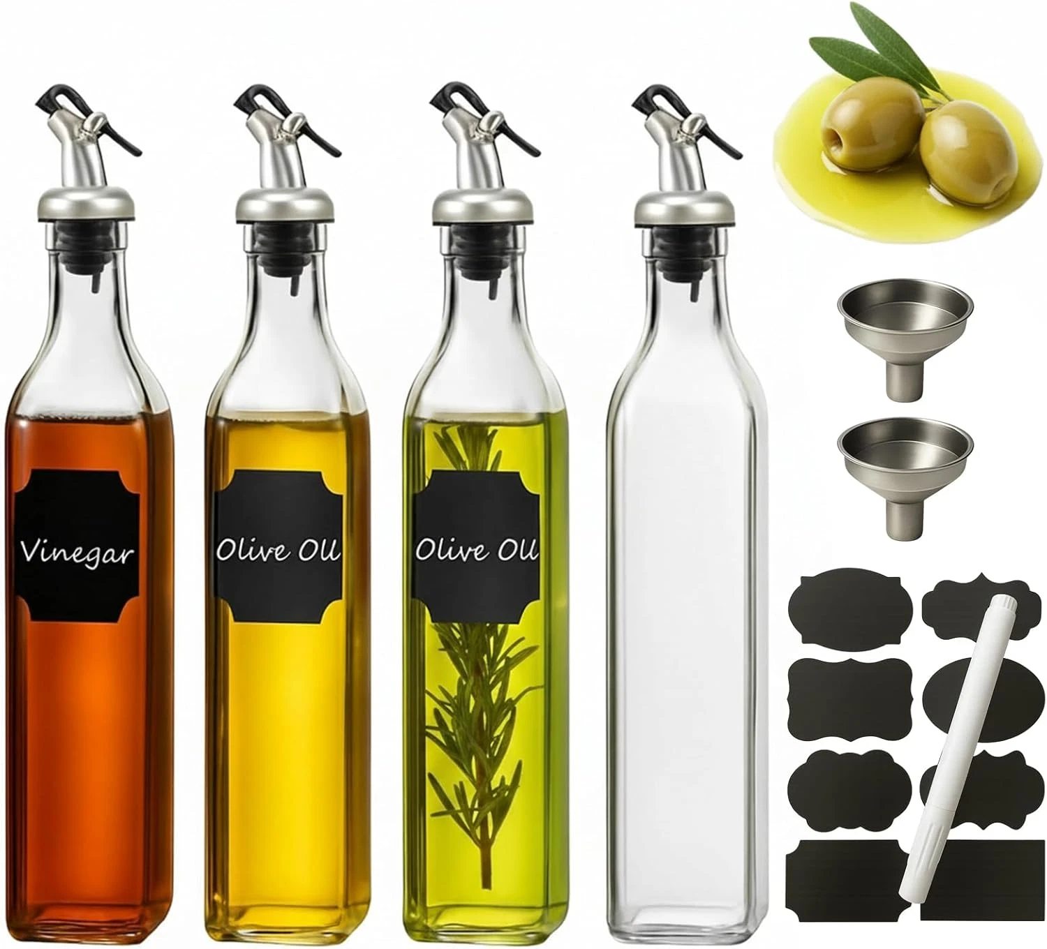 Olive Oil Dispenser Bottle,4Pack 17 OZ Glass Oil Dispenser for Kitchen with 4 Po