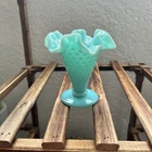 Vintage Fenton Hobnail Turquoise Milk Glass Ruffled Edge Trumpet Vase