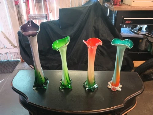 4 Vintage Murano Art Glass Hand Blown Multi-Color Trumpet Vase Italy  NICE