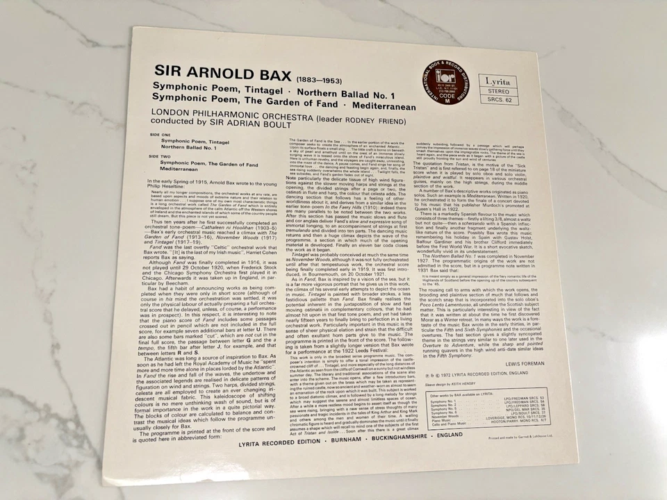 SIR ADRIAN BOULT "Bax The Garden of Fand" 1972 Mint UK Stereo LP Lyrita SRCS. 62 - Image 2 of 4