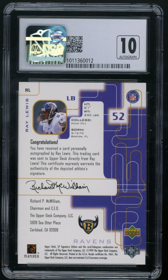 Autógrafos Ray Lewis 1999 Upper Deck SP edición exclusiva #RL CSG 8,5 casi nuevo/como nuevo+ Foto 2 de 2