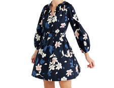 XL Free Assembly Women's Gathered Waist Mini Dress Long Sleeves Blue Floral