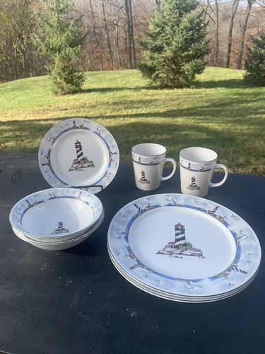 Totally Today Coastal Lighthouse Plates, (4) Bowls (2) And Coffee Mug (2) Set