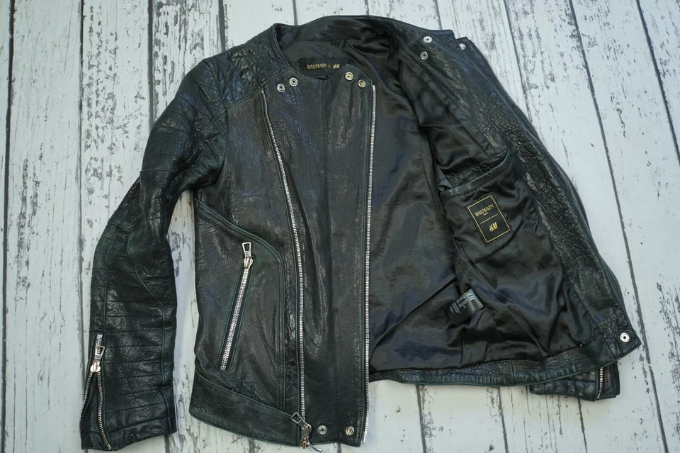 Chaqueta de cuero de motociclista BALMAIN x H&M negra granulada acolchada con cremalleras EUR 46 Foto 4 de 4