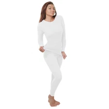 Women's Cotton Waffle Knit Thermal Underwear Stretch Shirt & Pants Set White S