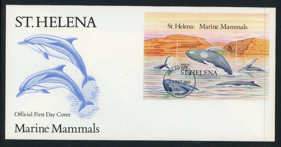 St. Helena #383-86 + 387 Marine Mammals (1987) 4v + S/S Set 2 FDC Whales Dolphin - Image 2 of 2