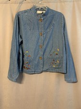 Breckenridge Women's Denim Jacket Fall Leaves Embroidery Button Down Large