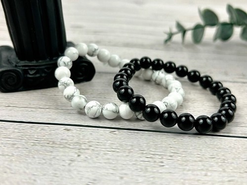 Black Onyx & Howlite Smooth Round Gemstone Beaded Bracelets 6-8'' Men & Women - Picture 9 of 16