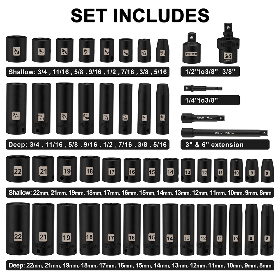 Juego de 49 enchufes de impacto de accionamiento de 3/8" SAE estándar de 6 puntos y enchufes métricos Foto 2 de 4