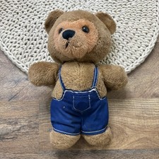 Vintage Dakin Brown Teddy Bear Plush in Blue Overalls 10 Stuffed Animal 1978