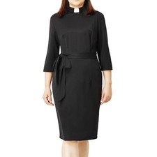Women Clergy Dress Pastor Tie Waist Priest Clerical Dress with Inset Tab Collar
