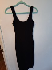  Goth Black Ribbed Knit Stretch Scoop Neck Sleeveless Bodycon Midi Dress Small