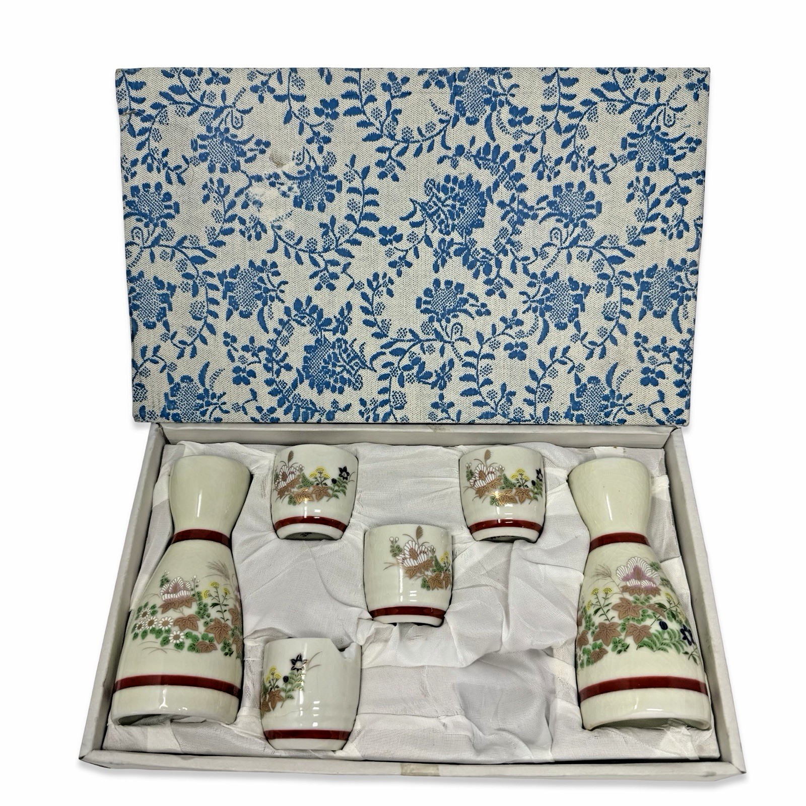 Vintage Japanese Sake Set Kutani Style Ceramic Tokkuri & Cups Set Japan Floral