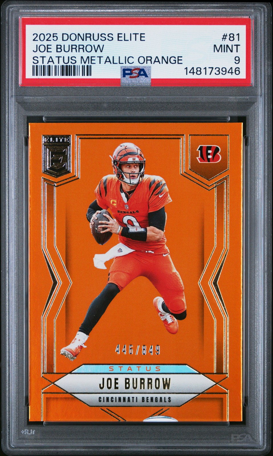 2025 PANINI DONRUSS ELITE STATUS METALLIC ORANGE #81 JOE BURROW 446/849 PSA 9