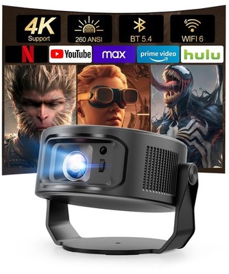 Mini Beamer 4K, 360°+35° Foldable Split Projector, 260 ANSI Wi-Fi 6 und Bluet...
