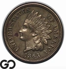 1863 Indian Head Cent Penny, Civil War Date, AU