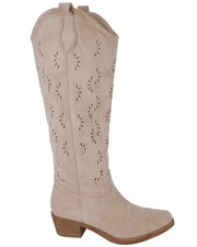 Lange Wildleder-Cowboystiefel, beige Damenschuhe mit durchbrochenem Muster