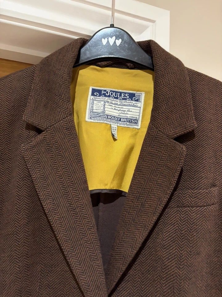 Joules Blazer Jacket UK 14 Brown Herringbone Caper Tweed Hacking Country Jersey - Image 4 of 4