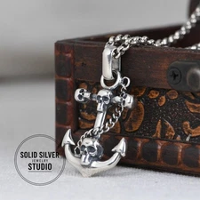 925 Sterling Silver Anchor Skull Pendant Necklace Gothic Pirate Biker Charm 9.7g