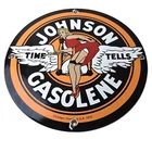Vintage Johnson Gasoline Sign - Time Tells Gas Oil Pump Plate Porcelain Sign