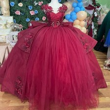Burgundy Sweet 16 Quinceanera Dress Sparkly Applique Sequins 3DFlowers Ball Gown