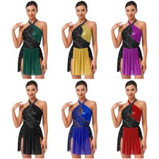 Womens Dancewear One Piece Costume Ballet Dress Rhinestone Bodysuit Latin Shiny