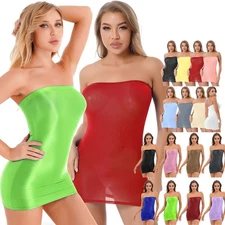 Women's Glossy Sheer Strapless Tube Dress Stretchy Bodycon Mini Dress Clubwear