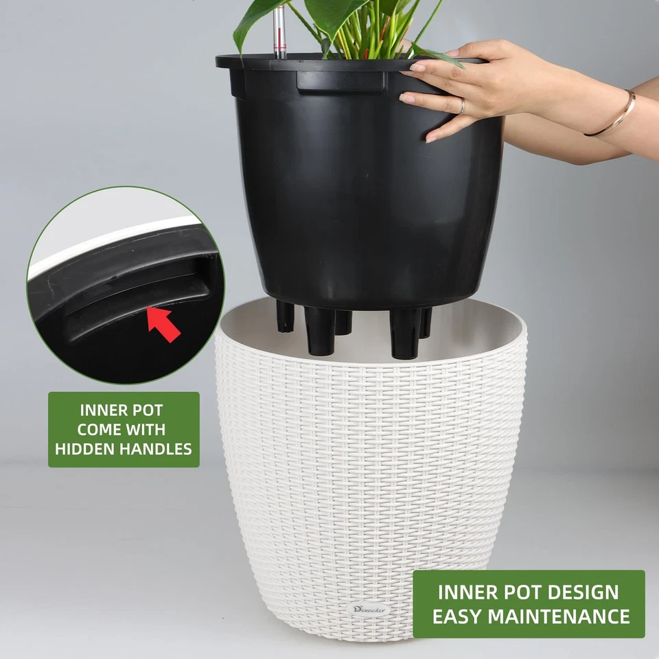 Maceta de riego automático de ratán de 18x17 pulgadas para interiores y exteriores, diseño de maceta interior, T... Foto 4 de 4
