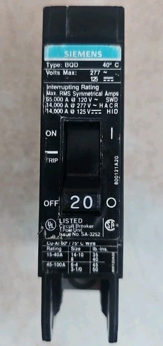 Siemens BQD120 20Amp 1P 277V AC / 125V DC 14KAIC Bolt in Breaker PAPER LABEL