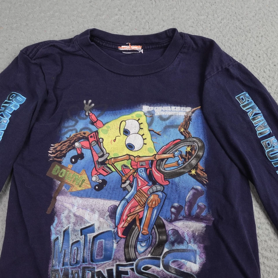Camisa Vintage Bob Esponja Pantalones Cuadrados Niños Pequeña Azul Marino Manga Larga Moto Locura Foto 3 de 4