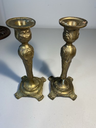 Vintage Pair Ornate Solid Brass Candlestick Tall 7” Old World European Footed