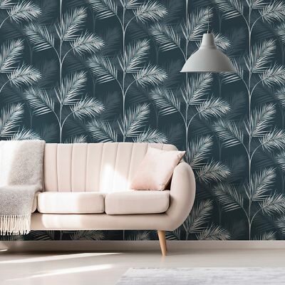 Fine Decor South Beach Palm Leaf Wallpaper Navy Blue Metallic Tropical FD42681