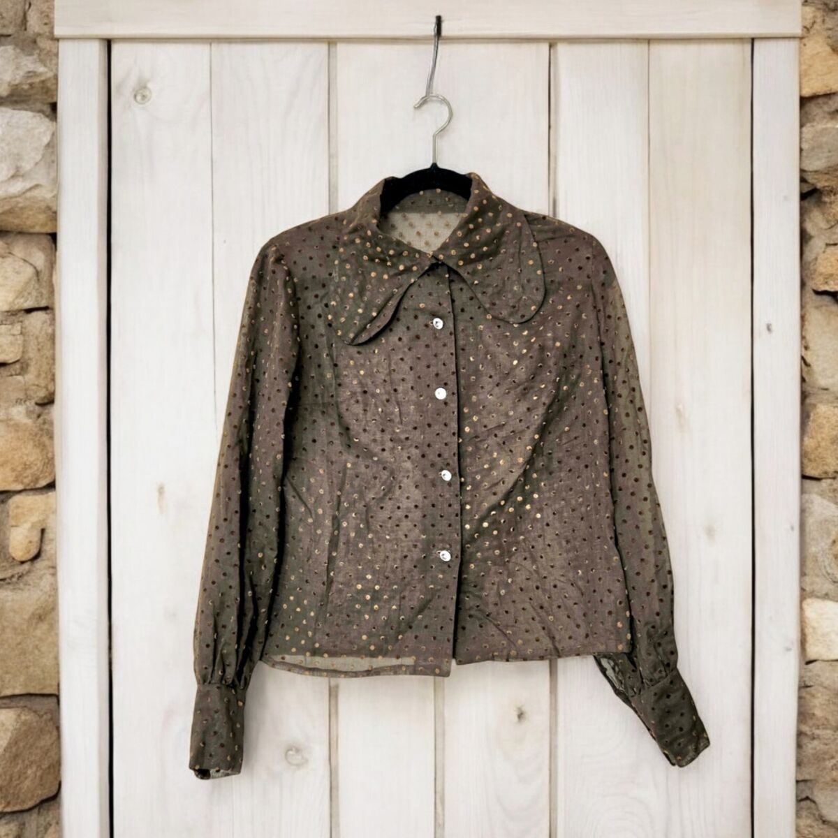 Vintage 70s Sheer Brown Top w Velvet Polkadots, Handmade Vintage 70s Sheer Brown Top w Velvet Polkadots, Handmade
