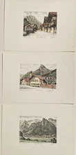 3 German Landscape Etchings Pencil Signed Illegible Titled Hand Colored