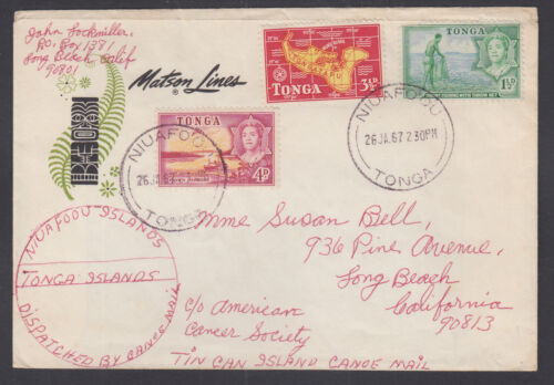 Tonga Sc 101, 104, 105 on 1967 Tin Can Mail Cover to California - Afbeelding 1 van 1
