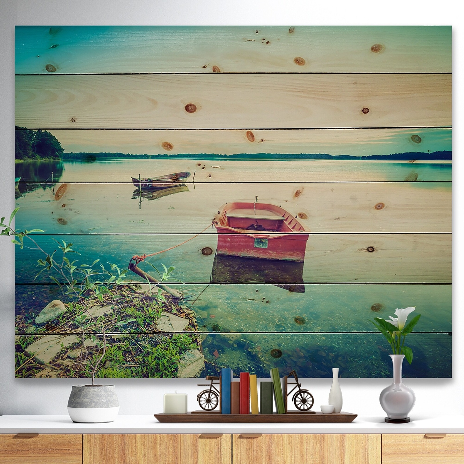 Designart 'Beautiful Lake Vintage View' Boat Print on  Small