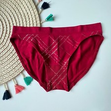 Victoria's Secret Seamless Bikini Panty Red Shimmer Lacquer Logo Plaid L NEW