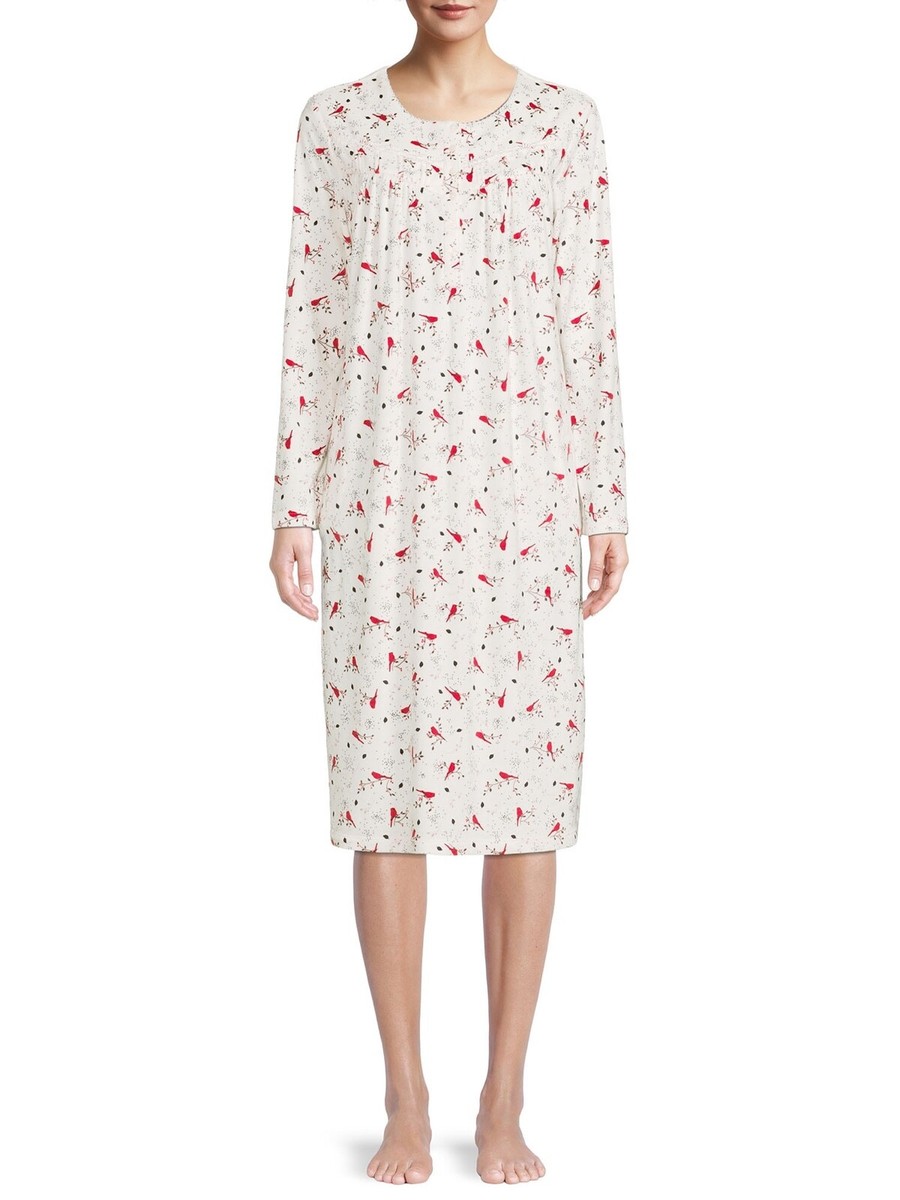 New Secret Treasure Long Sleeve Velour Knit Super Soft Nightgown PJ Cream  Birds