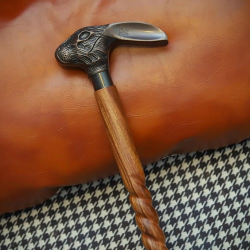 Handmade Antique Brass Rabbit Head Cane Spiral Carved Wooden Walking Stick