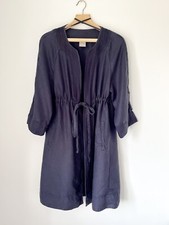 Poetry Navy Linen Longline Drawstring Embroidered Jacket Uk14!