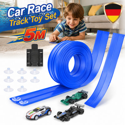 Flexibel Rennbahn Set 5M 4 Autos Doppelspur Autorennbahn Tragbar PVC Kinder