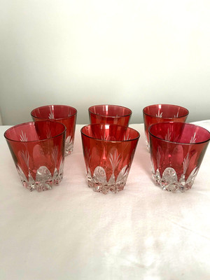 Vintage Lot of 6 Cranberry Whiskey Glasses Cut to Clear