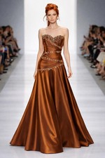 Copper Satin Strapless Evening Gown Beaded Bodice Lace-Up Back Formal Prom sz 4